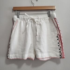 Cynthia Rowley 100% Linen Red White And Blue Embroidered Drawstring Shorts Small